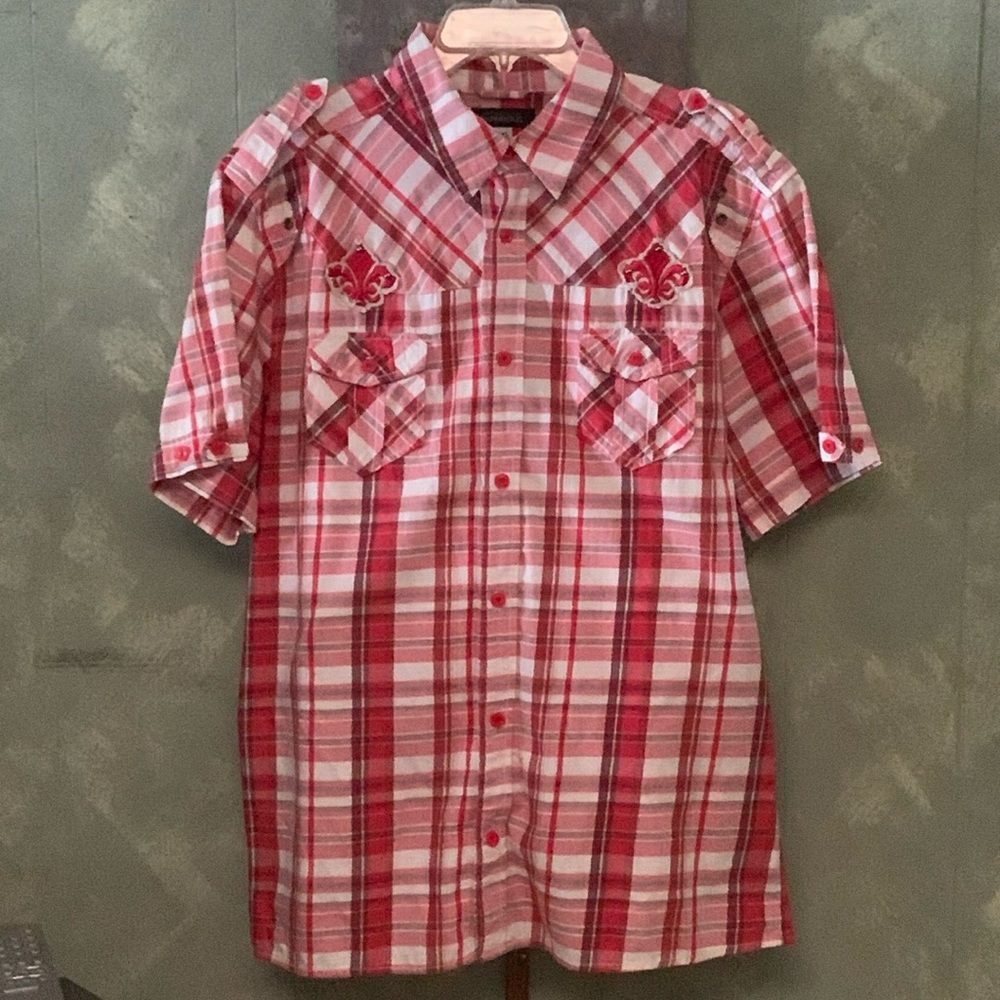 Men’s Imperious brand plaid embroidered shirt, marked 2X but closer to a Large.